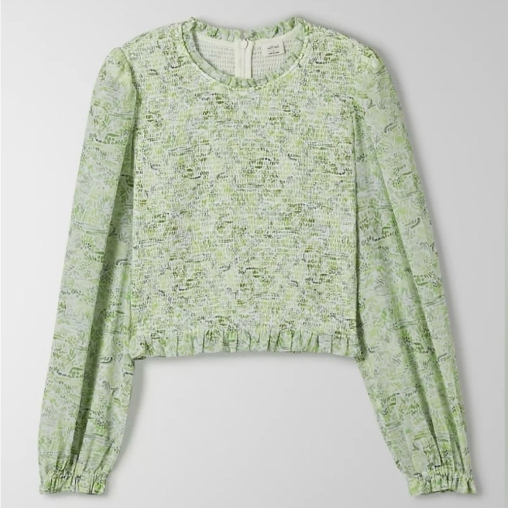Aritzia Wilfred Tempest Blouse Smocked Bodice Sheer Sleeves Green Botanical L - Picture 3 of 11